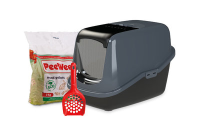 Peewee Kattenbak Ecohûs zwart / antraciet Startpakket - incl. 3kg Korrels en Schepje